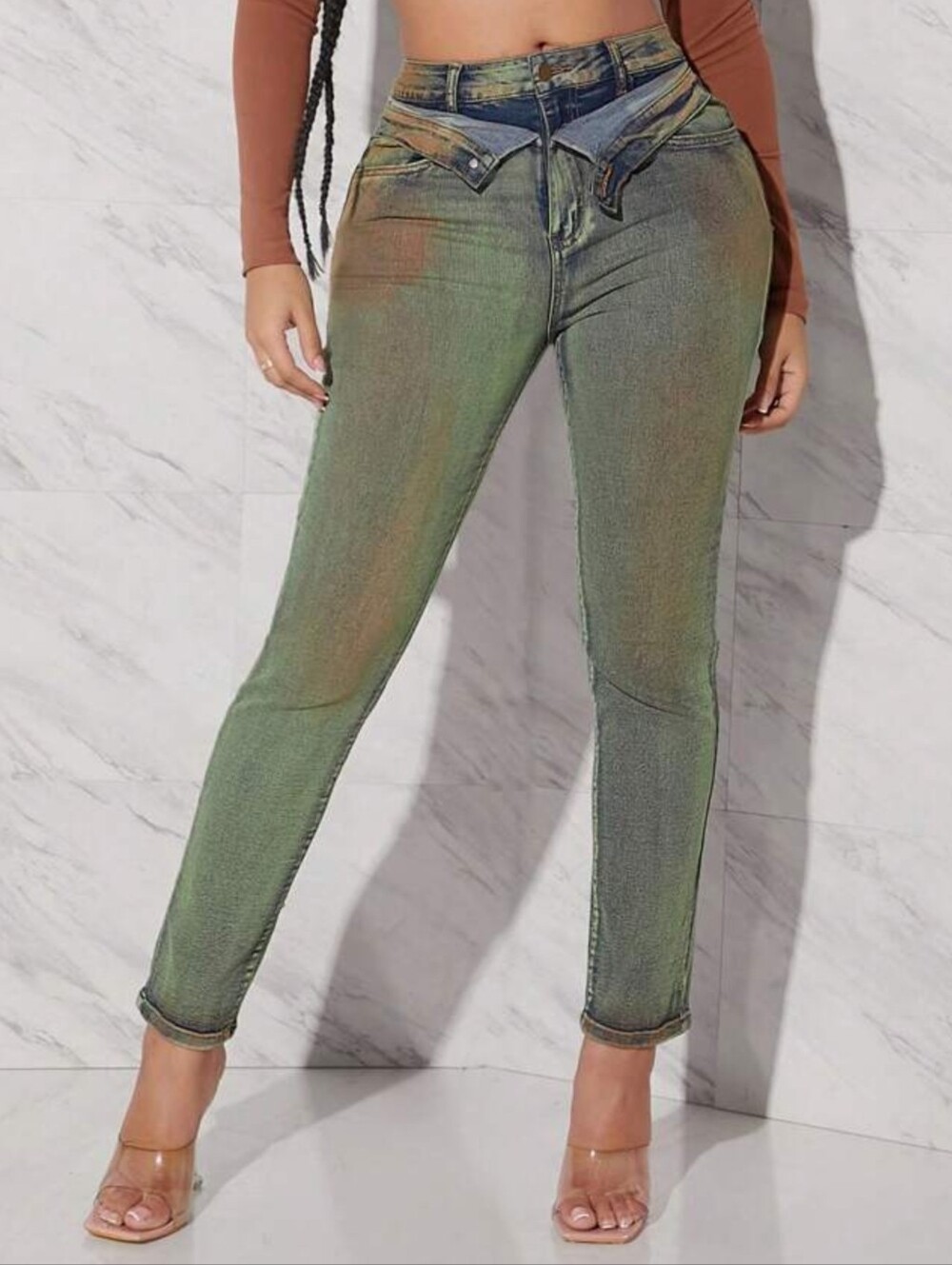 Layered Waist Multi-Colored Blue Yellow Brown Distressed Skinny Jeans 6-8